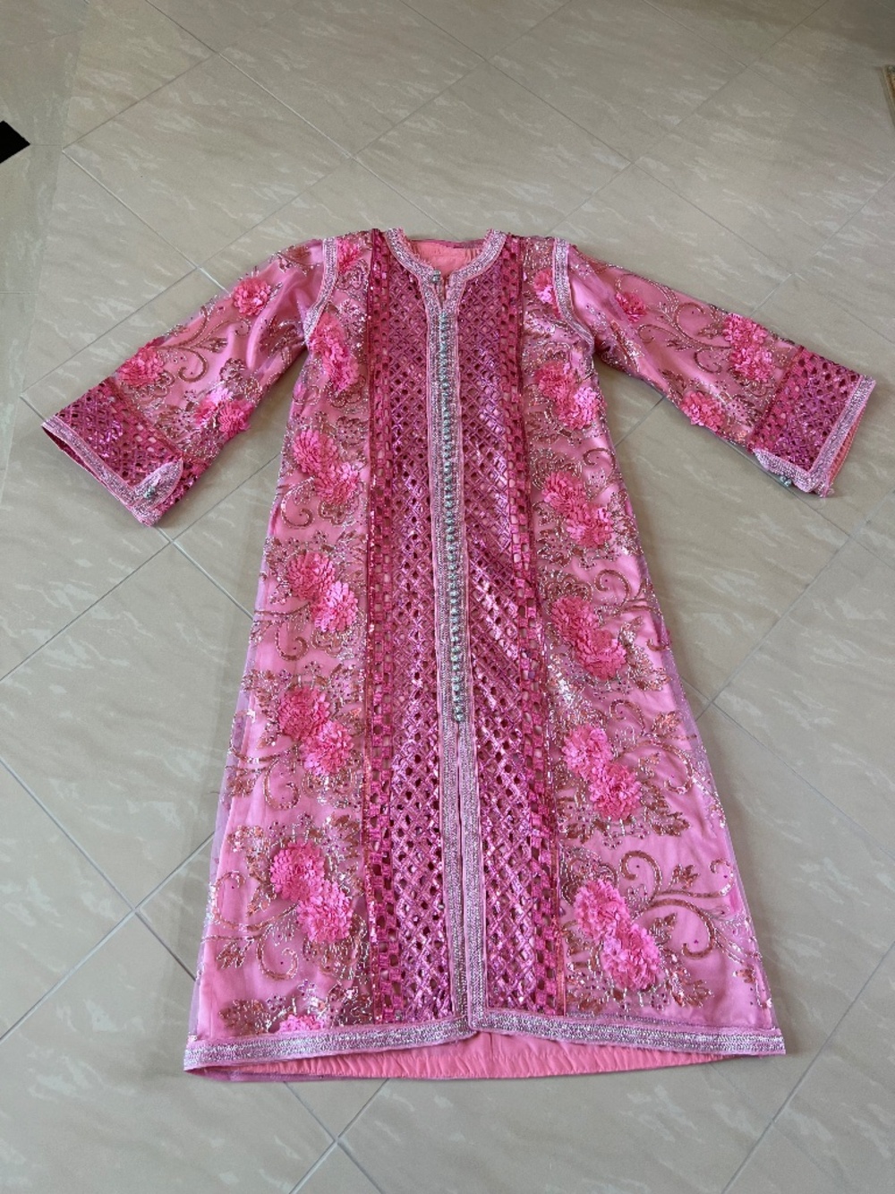 #2992 Pink Moroccan-Style Kaftan Caftan 3D Floral Sequin Embroidered Formal Gown
